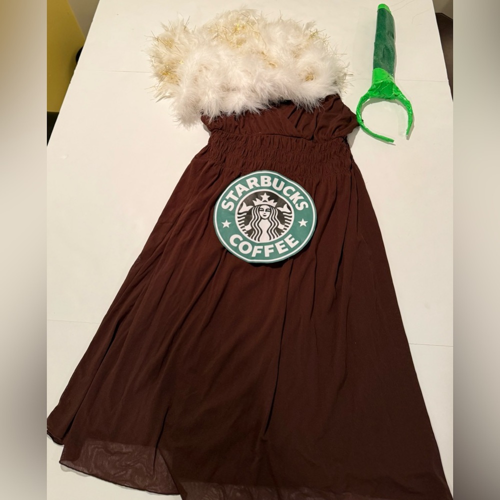 Starbucks Frappe Costume with Brown dress, white boa, straw headband hat